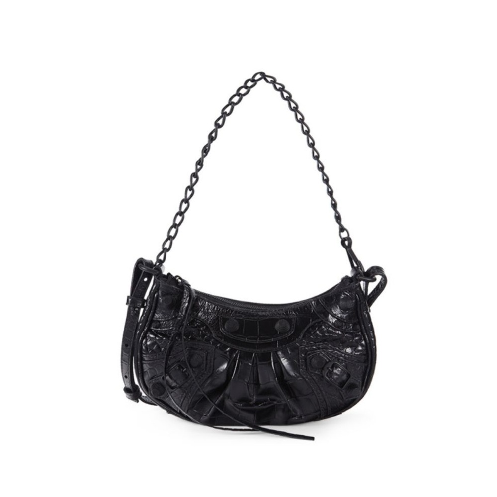 Balenciaga Le Cagole Mini Purse with Chain Black Embossed Crocodile Bag